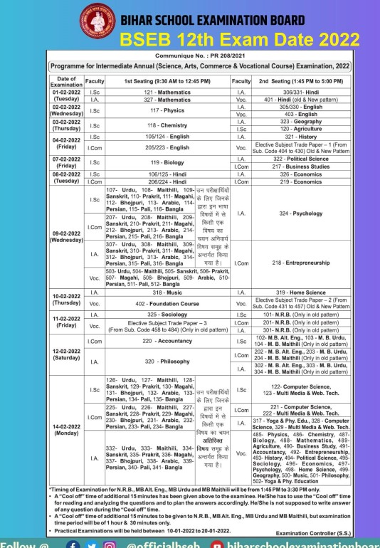Bihar Board Inter Exam Schedule 2022
