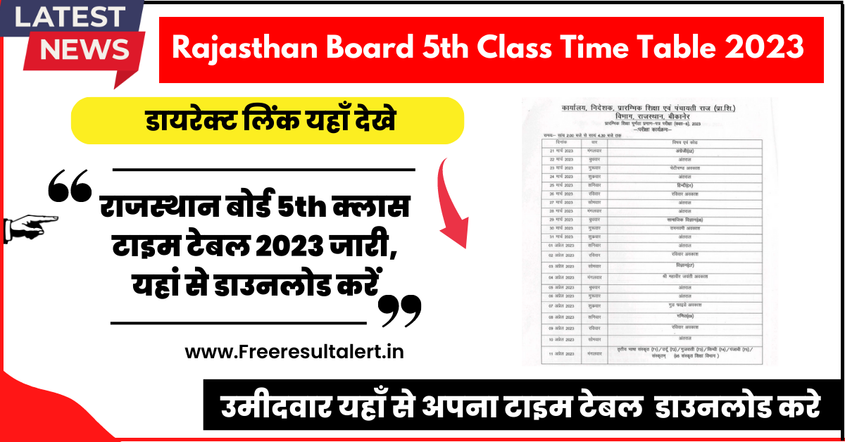 Rajasthan Board 5th Class Time Table 2023