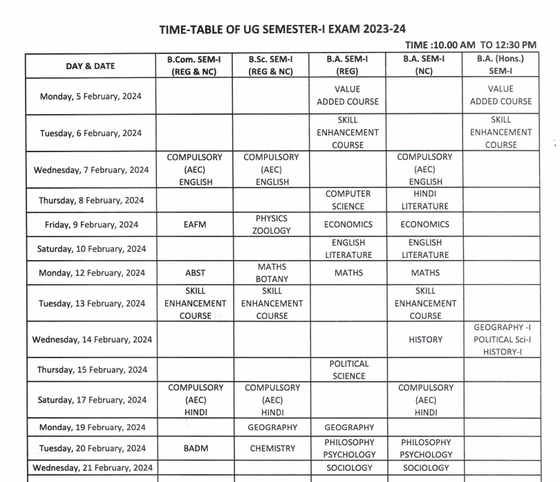 Matsya University UG 1st Semester Time Table 2024